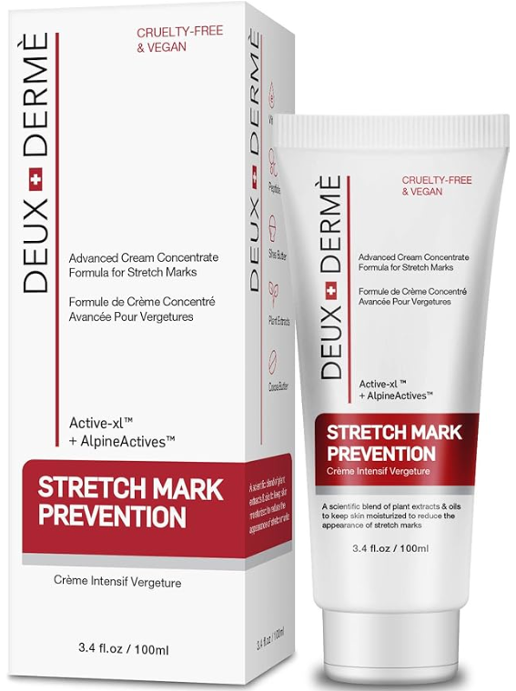 Deux Derme - Stretch Mark Prevention Cream, with Vitamin E, Cocoa Butter for Pregnancy, Weight Gain, 3.4 oz.