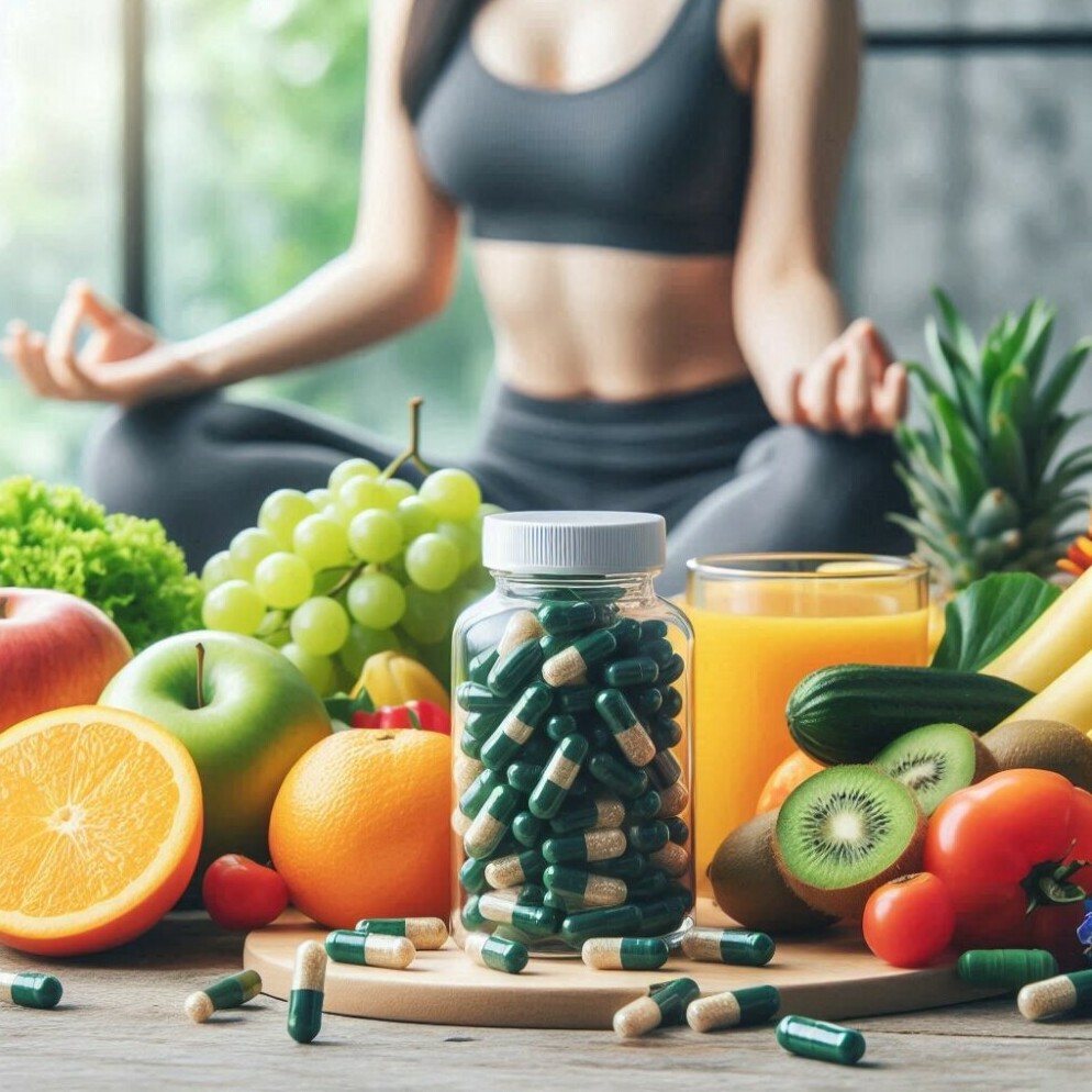 a woman meditating, cellulite pills in a jar, fruits and veggies