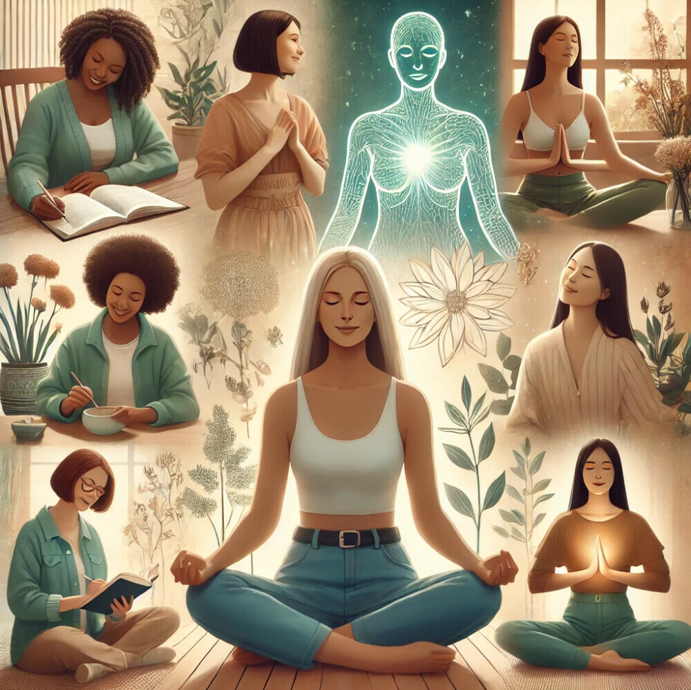 An image illustrating mental and emotional well-being in women. The image features diverse women of different ages, ethnicities, and body types