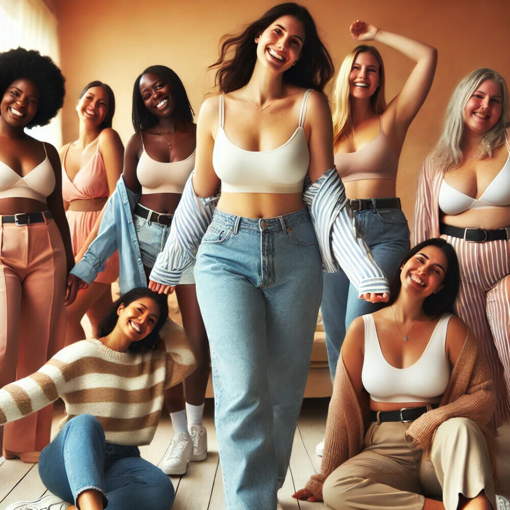 An image illustrating self-love and body positivity in women. The image features diverse women of different body types, skin tones, and ages