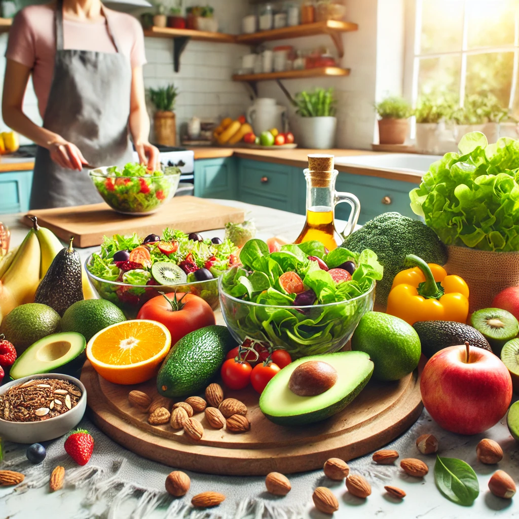 A vibrant kitchen scene highlighting healthy foods that promote smooth skin