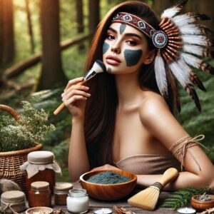 A beautiful Native American woman using herbal skincare in a forest, surrounded by nature, with traditional beauty tools like wooden combs and clay masks