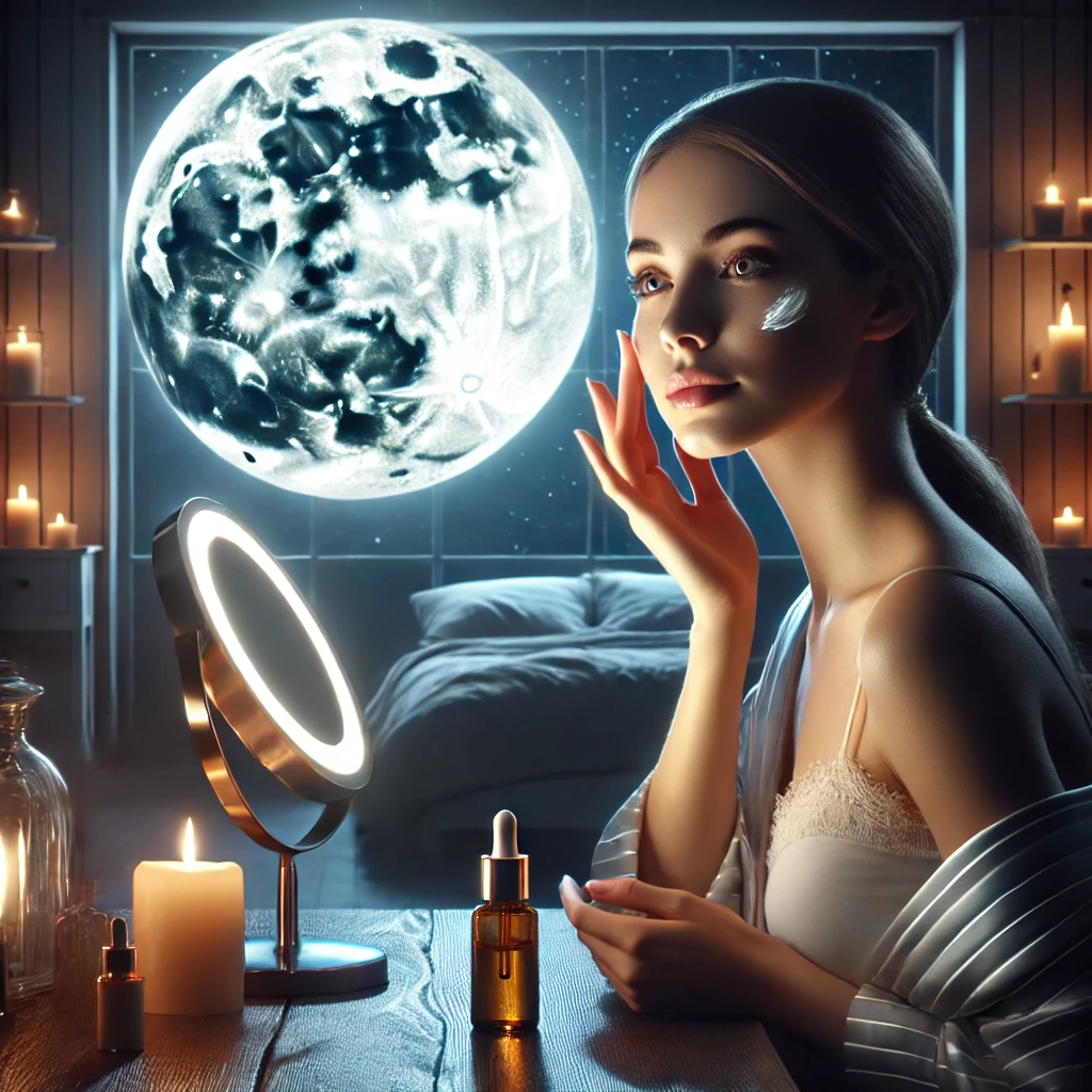 A peaceful nighttime scene of a woman applying serum to her face in her bedroom, with a large, glowing full moon visible through the window