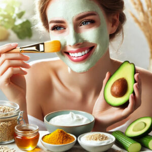 A woman with glowing healthy skin applying a DIY face mask made from natural ingredients