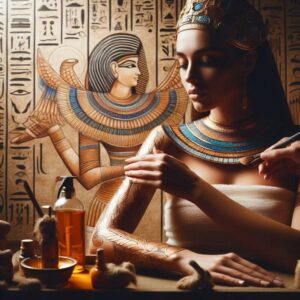 an ancient Egyptian woman applying ol on her arms