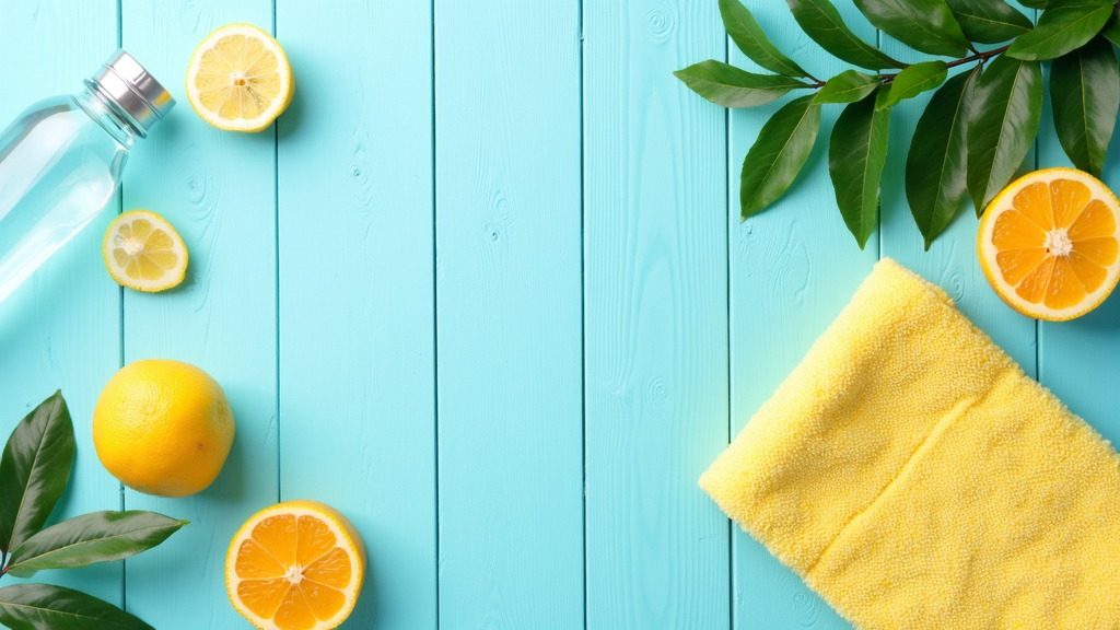 Summer wellness concept with citrus fruits, water bottle, green leaves, and a bright towel on a blue wooden background. No text or people.