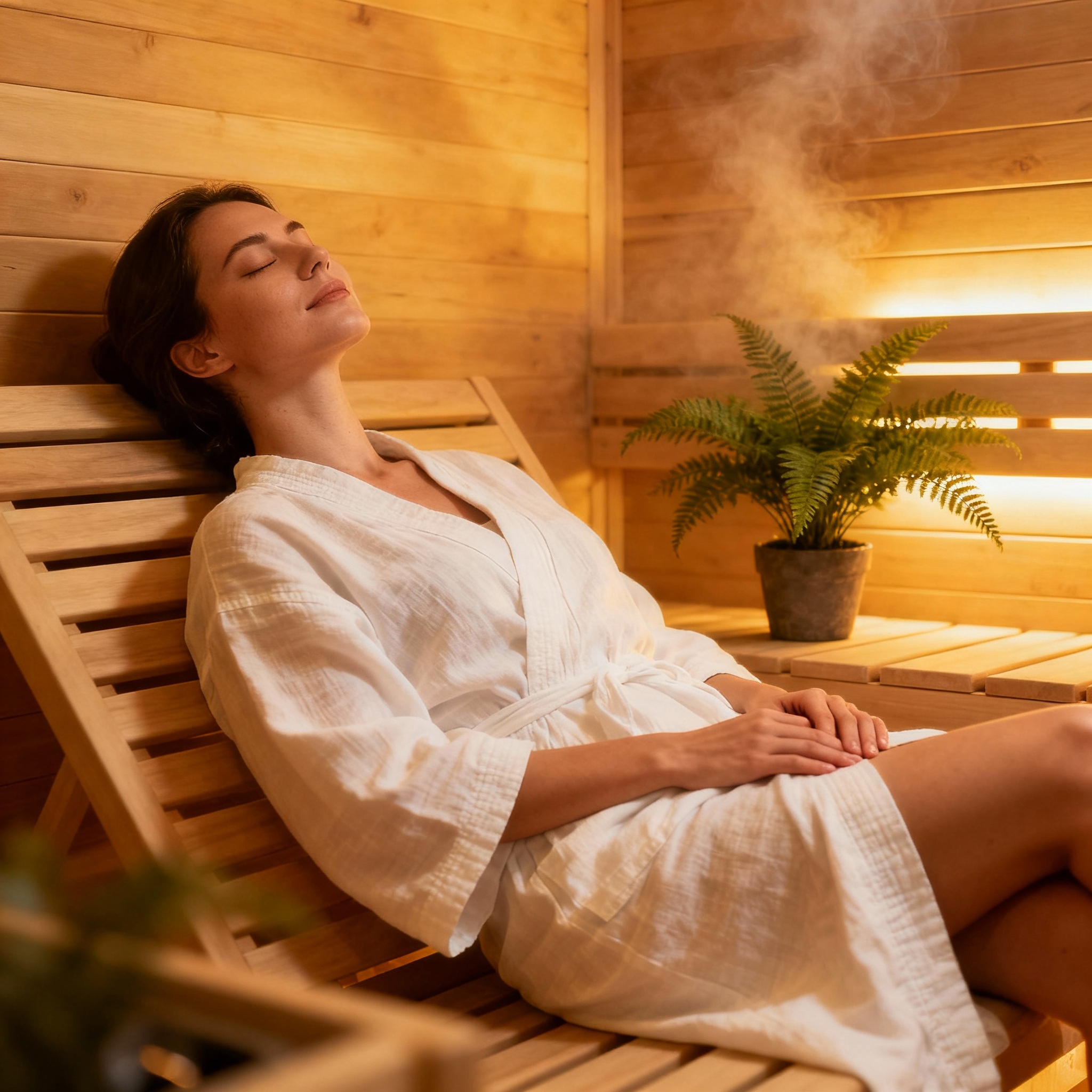 a woman relaxing in a infrared sauna