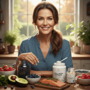 a confident, middle-aged woman with smooth skin, surrounded by natural foods (avocado, berries, beans, salmon), collagen powder, and supplement capsules.