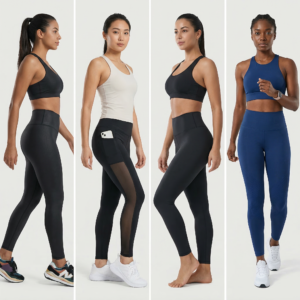 Four women wearing different styles of compression leggings in black and blue showing various fits and designs