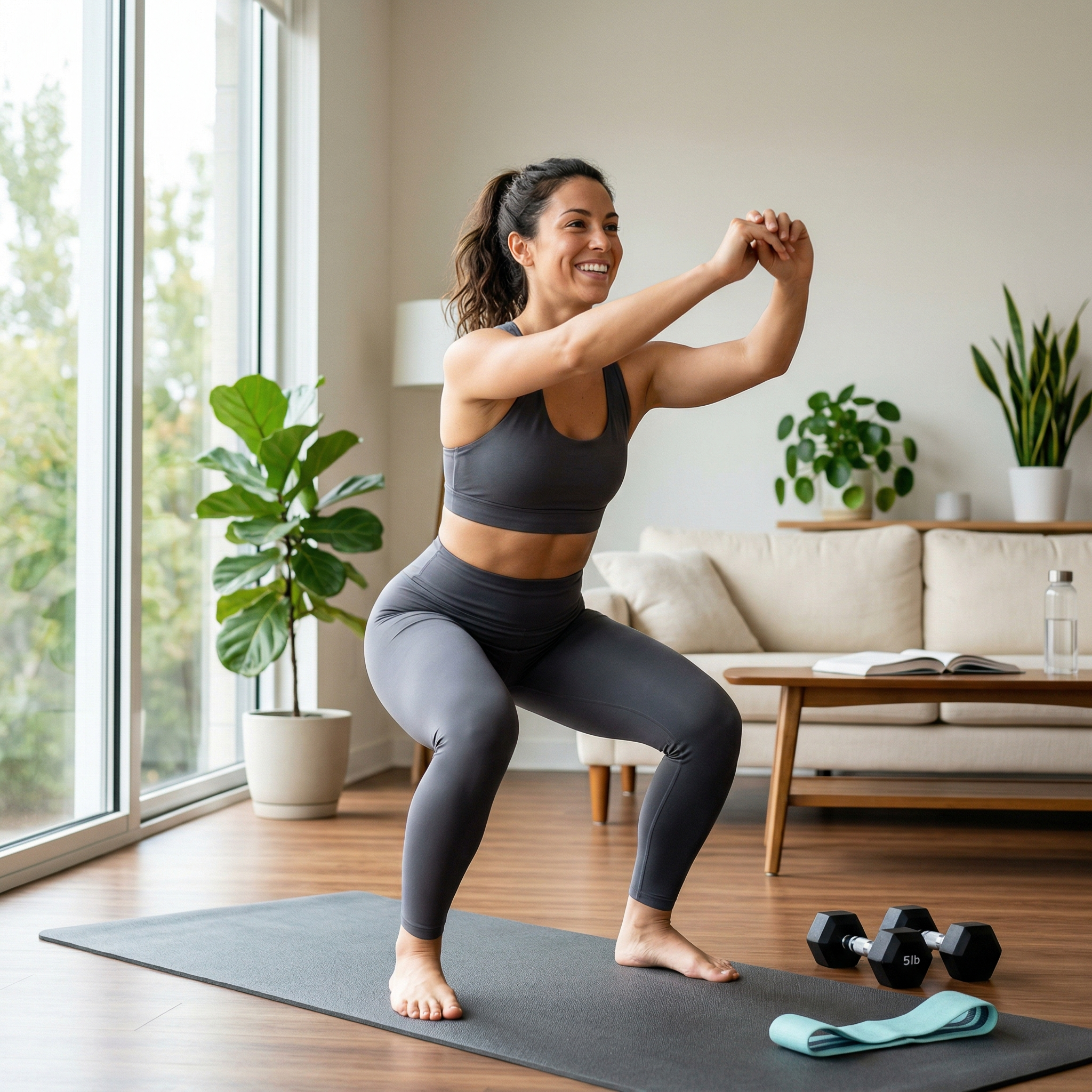 Woman doing squats at home on a yoga mat to get rid of cellulite fast