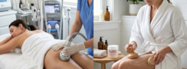 professional treatment vs at-home treatment side by side comparison showing spa therapist using body contouring device on client and woman applying body cream with dry brush at home