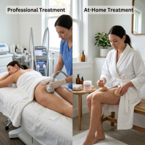 professional treatment vs at-home treatment side by side comparison showing spa therapist using body contouring device on client and woman applying body cream with dry brush at home
